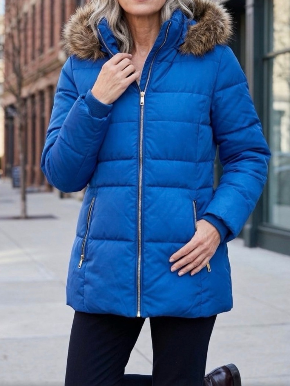 Women's Light Blue Puffer Jacket with Faux Fur Hood with flaw size XL
